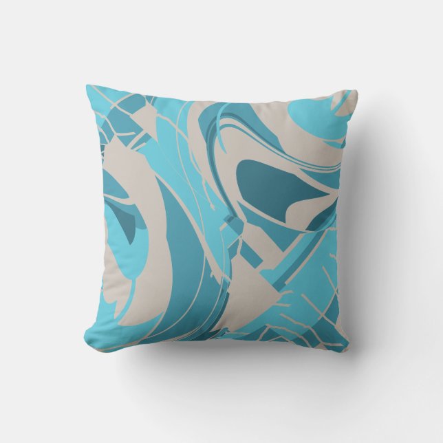 Gray Turquoise Aqua Mediterranean Diagonal Floral Throw Pillow (Front)