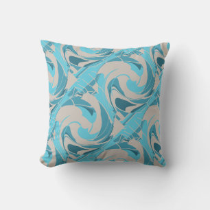 Gray Turquoise Aqua Mediterranean Floral Art Print Throw Pillow
