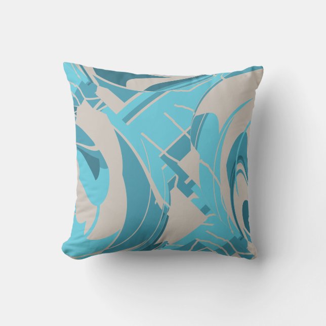Gray Turquoise Aqua Mediterranean Lush Leaf Motif Throw Pillow (Front)
