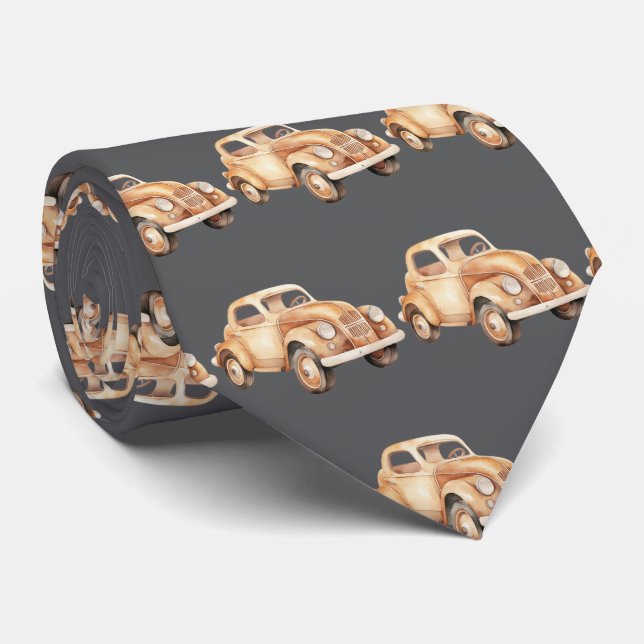 Gray Vintage Child's Car Toy Pattern Tie (Rolled)
