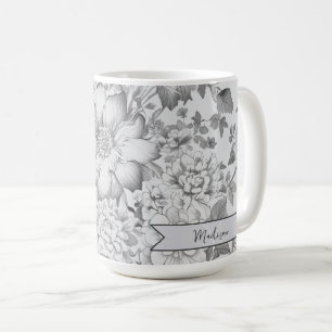 Gray Vintage Chinoiserie Floral Personalized Coffee Mug