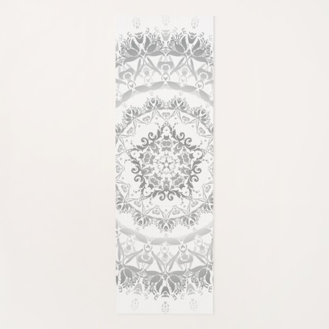 Gray White Floral Damask Mandala Yoga Mat (Front)
