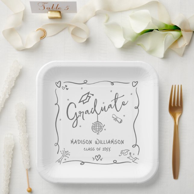 Gray White Hand Drawn Doodles Graduation Fun Retro Paper Plate (Wedding)