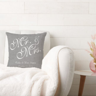 Gray White Linen Mr. and Mrs. Wedding Pillow