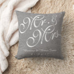 Gray White Linen Mr. and Mrs. Wedding Pillow<br><div class="desc">Personalized Gray and White Mr. and Mrs. Wedding Pillow. Design by Elke Clarke©. Available at www.zazzle.com/monogramgallery. Classy, personalized, grey or gray linen background (printed photo effect), customizable with bride and groom names in white script font and wedding date. Beautiful design is perfect for wedding gifts, sweetheart pillows, wedding anniversary gifts...</div>