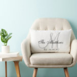 Gray White Monogram Family Newlywed Keepsake Lumbar Pillow<br><div class="desc">Personalized gray and white monogrammed pillow with your family's last name and wedding date in a script font overlay design on a white background. Elke Clarke© Available at www.zazzle.com/monogramgallery. Makes a great gift for newly weds or a family. Great trendy, elegant accessory for your bedroom, favorite chair, as fun home...</div>