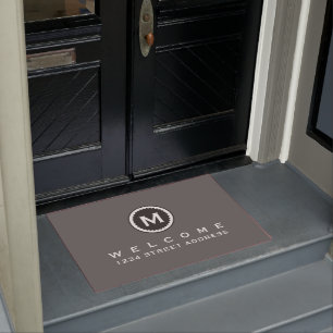 Gray & White Monogram Medallion   Welcome Doormat