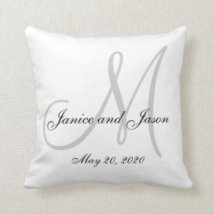 Gray White Monogram Wedding Throw Pillow