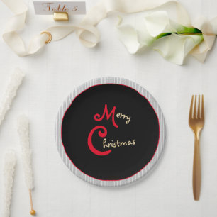 Gray White Pinstripes Black with Red Bow Paper Plate