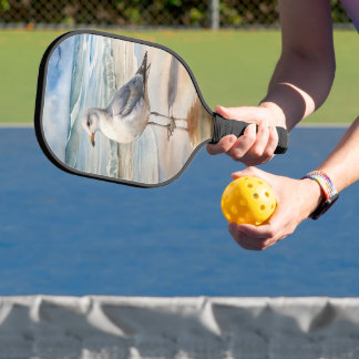 GRAY & WHITE SEAGULL ON THE BEACH PICKLEBALL PADDLE