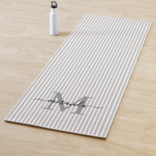 Gray & White Stripes Monogram Name Yoga Mat