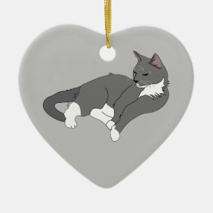 Gray & White Tuxedo Cat Ceramic Ornament