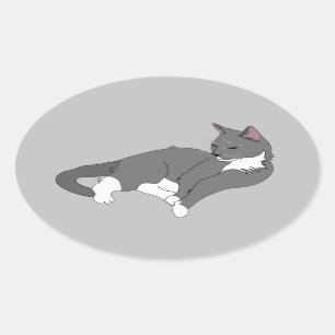 Gray & White Tuxedo Cat Oval Sticker