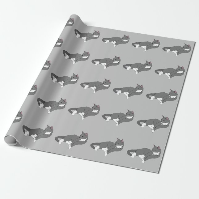 Gray & White Tuxedo Cat Wrapping Paper (Unrolled)