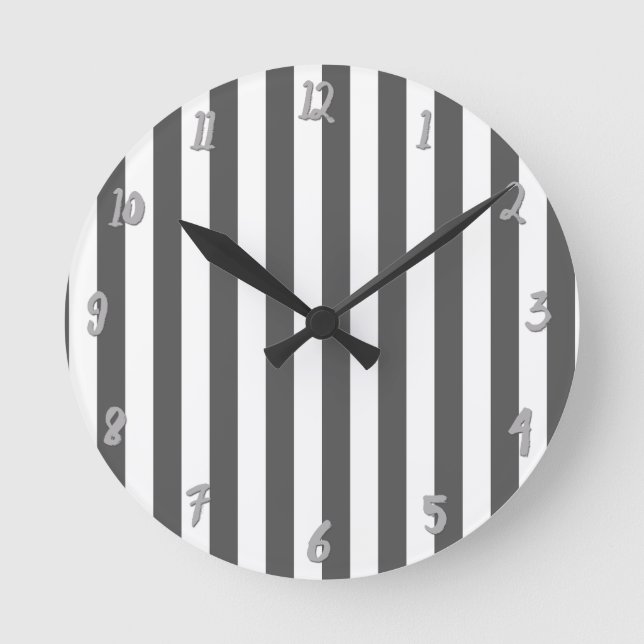 Gray & White Vertical Stripes Chic Personalized Round Clock (Front)