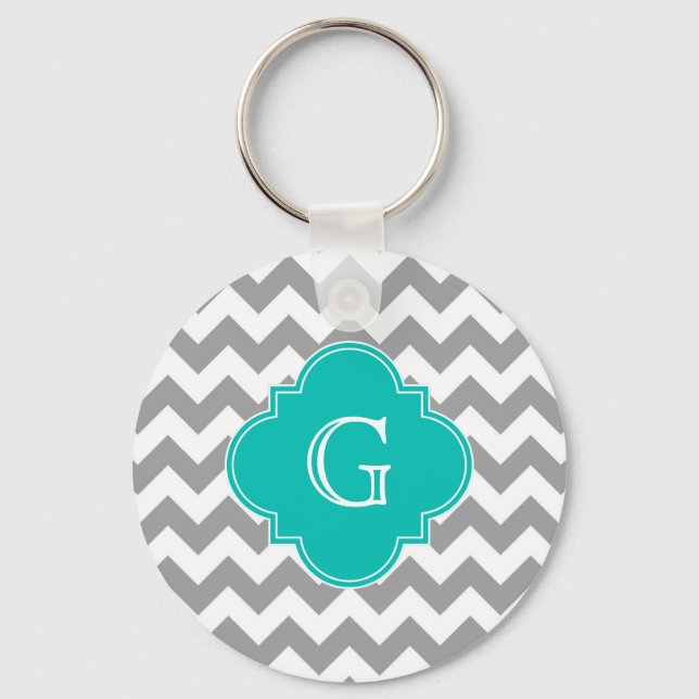 Gray Wht Chevron ZigZag Teal Quatrefoil Monogram Keychain (Front)