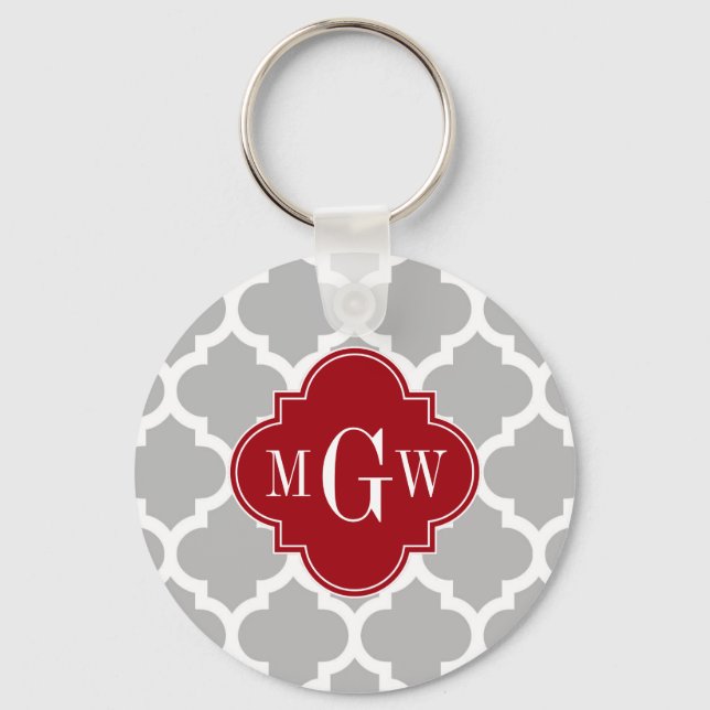 Gray Wht Moroccan #5 Cranberry 3 Initial Monogram Keychain (Front)