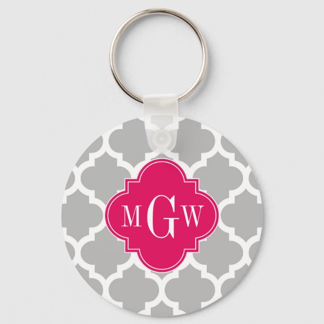 Gray Wht Moroccan #5 Raspberry 3 Initial Monogram Keychain (Front)