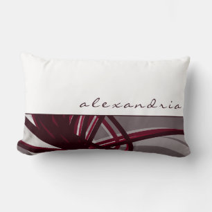 Gray & Wine Abstract Ribbons White Custom Name Lumbar Pillow