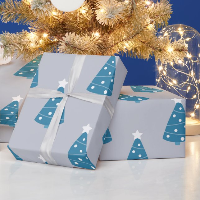GRAY WITH BLUE & WHITE CHRISTMAS TREES WRAPPING PAPER (Holidays)