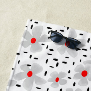 gray with red flowers on white background retro beach towel