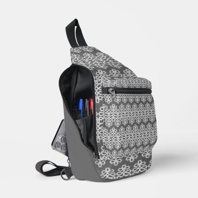 GRAY WITH WHITE LACE LOOK ROWS SLING BAG (Open)