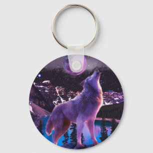 Gray wolf howling in forest keychain