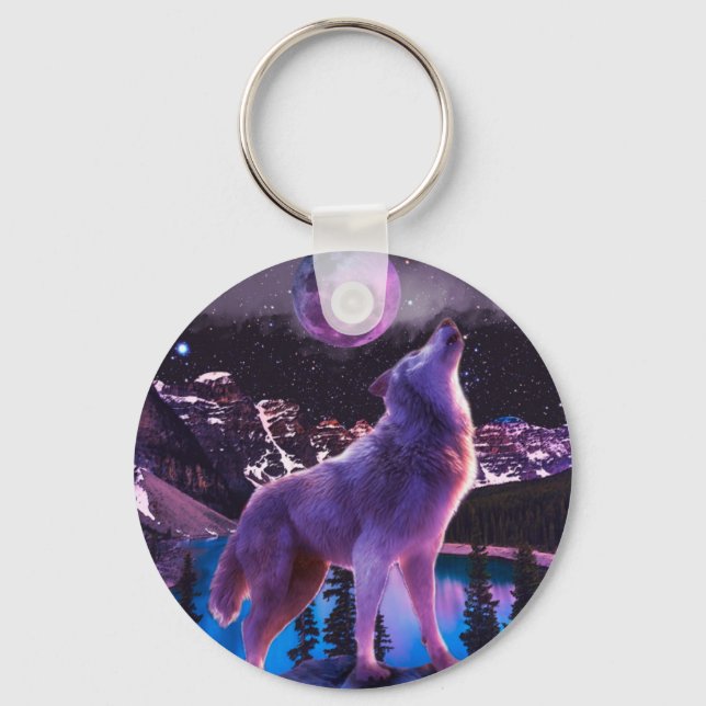 Gray wolf howling in forest keychain (Front)