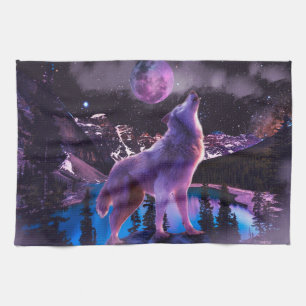 Gray wolf howling in forest kitchen towel
