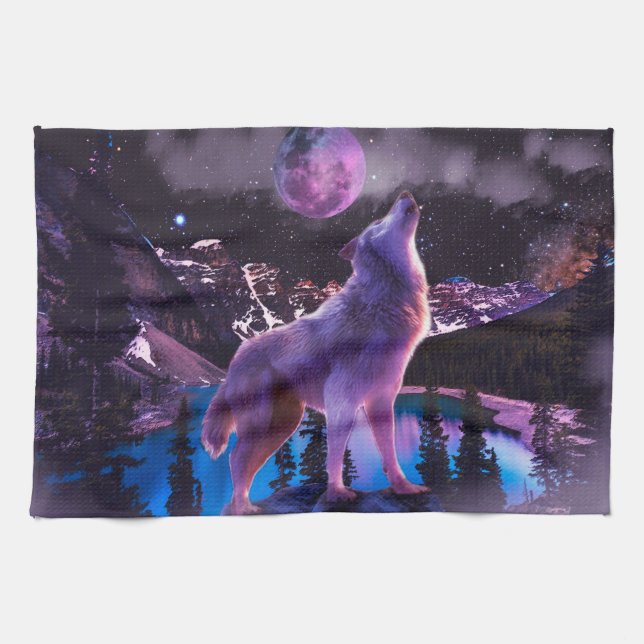 Gray wolf howling in forest kitchen towel (Horizontal)