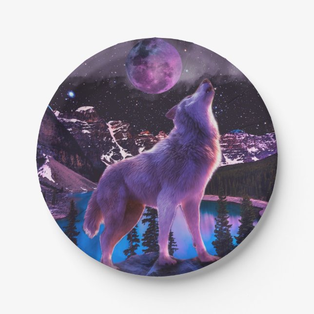 Gray wolf howling in forest paper plate (Front)