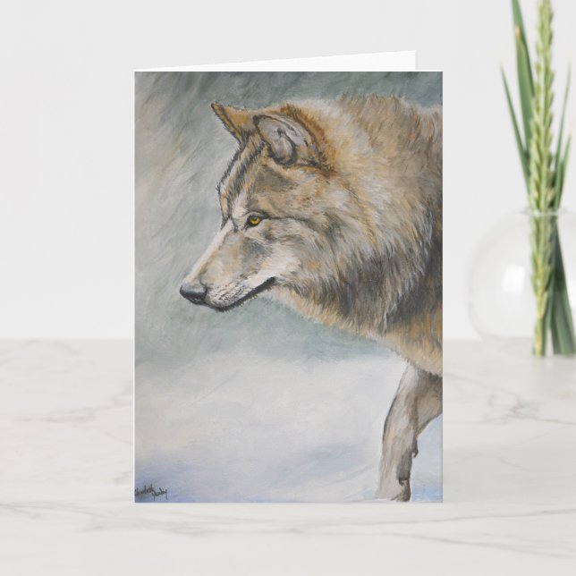 Gray Wolf in Storm Wildlife Art Greeting Card (Front)