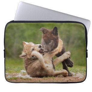 Gray Wolf Pups Wrestling Laptop Sleeve