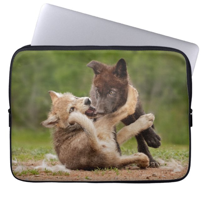 Gray Wolf Pups Wrestling Laptop Sleeve (Front)