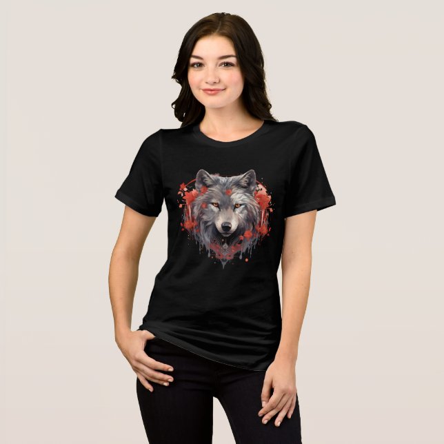 Gray Wolf with Red Flowers Illustration Tri-Blend Shirt (Front Full)