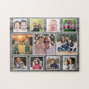 Gray Wood Horizontal 11 Family Photo Collage Jigsaw Puzzle