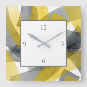 Gray Yellow Black Abstract Brushstrokes Square Wall Clock