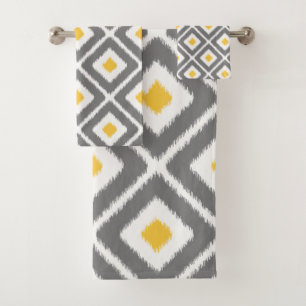 Gray, Yellow, White Ikat Diamond Pattern Bath Towel Set