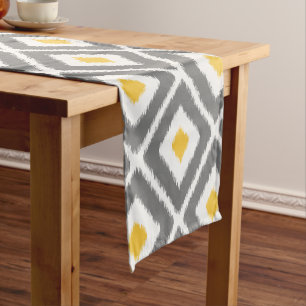 Gray, Yellow, White Ikat Diamond Pattern Short Table Runner
