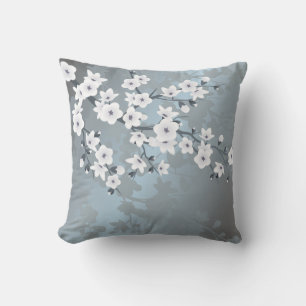 Grayish Blue White Floral Cherry Blossoms Throw Pillow