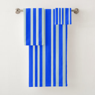 Grayish Grey Green Line Stripes On Blue  Bath Towel Set
