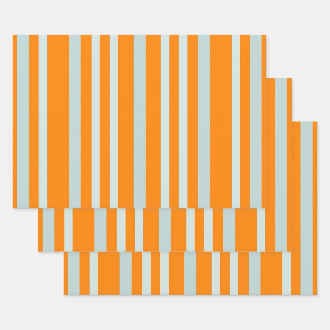 Grayish Grey Green Line Stripes On Orange  Wrapping Paper Sheet (Set)