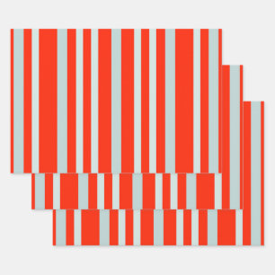 Grayish Grey Green Line Stripes On Red Wrapping Paper Sheet