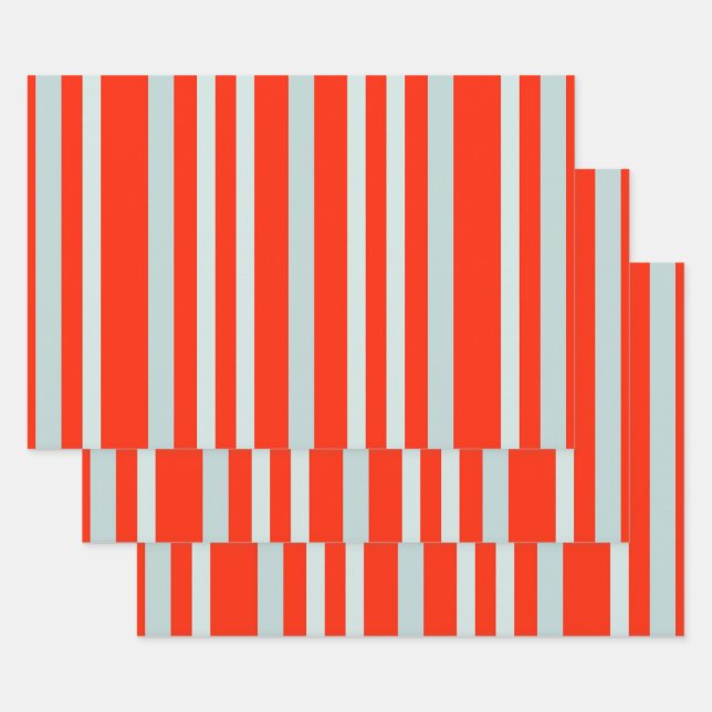 Grayish Grey Green Line Stripes On Red Wrapping Paper Sheet (Set)