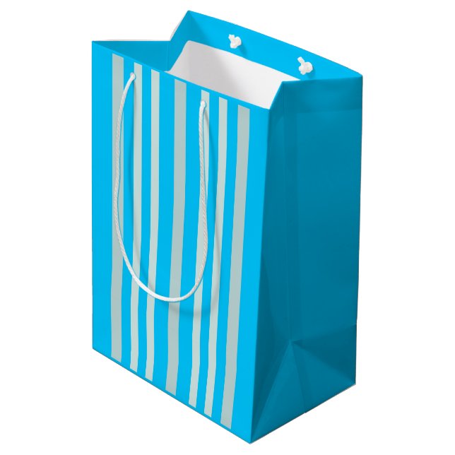 Grayish Grey Green Line Stripes On Sky Blue  Medium Gift Bag (Back Angled)