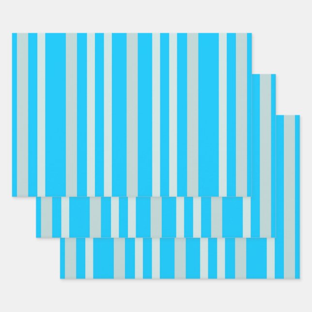 Grayish Grey Green Line Stripes On Sky Blue  Wrapping Paper Sheet (Set)