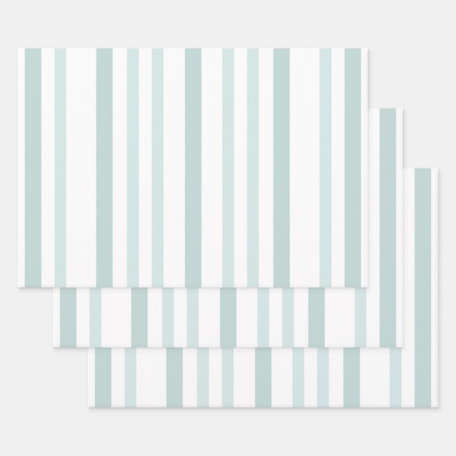 Grayish Grey Green Line Stripes On White Wrapping Paper Sheet (Set)