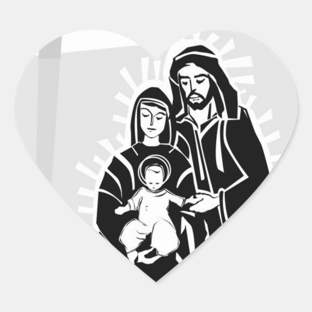 Grayscale Baby Jesus, Mary and Joseph Wedding Hear Heart Sticker (Front)