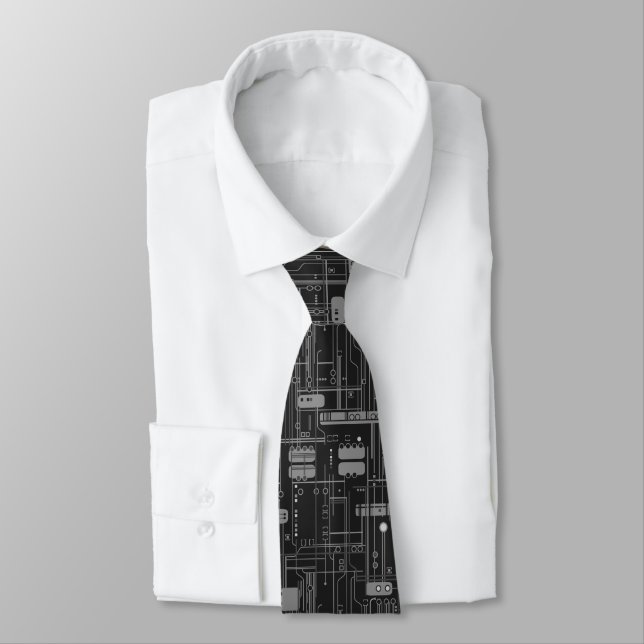 Grayscale Circuit Board Pattern Neck Tie (Tied)