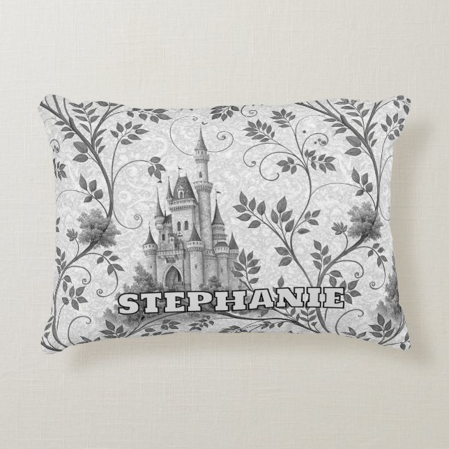 Grayscale Fairytale Castle with Ornate Vine Border Accent Pillow (Front)